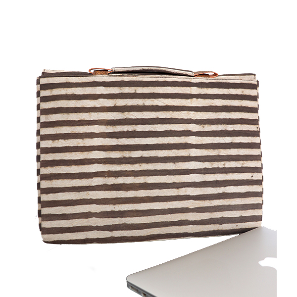 Kirgiti's Vegan Leather and Dabu Print Canvas Big Brown Stripes 'Unisex' Laptop Sleeve - 15" - image 2